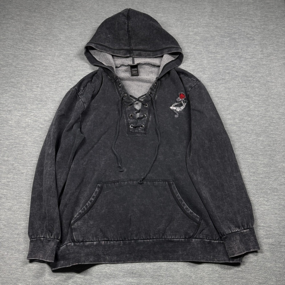 Disney Hoodie Women L Black Nightmare Before Christmas Jack Rose‎ Lace Up Wash